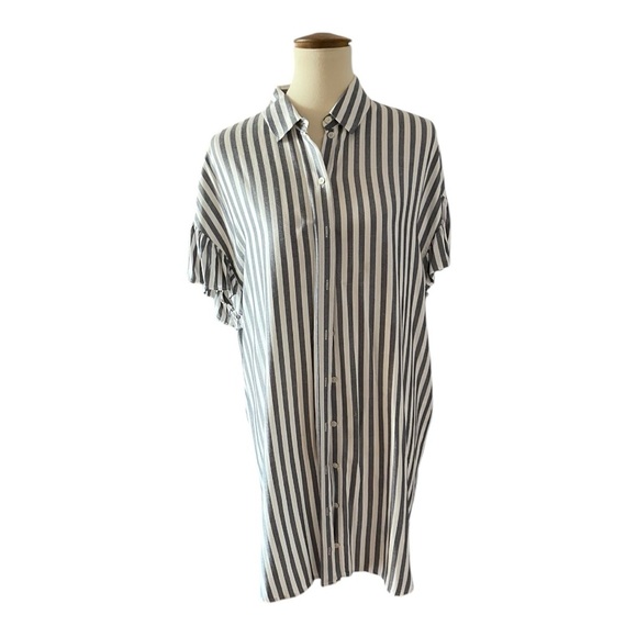 #300, Madewell button up flutter sleeve, striped shirt dress, size L - Picture 1 of 2
